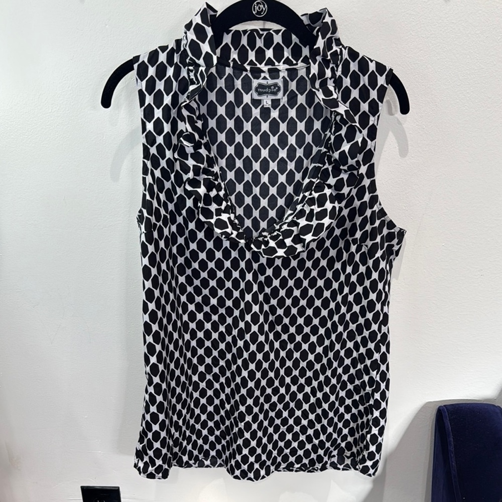 Mud Pie Black‎ White Geo Pattern Sleeveless Ruffle Collar Blouse Women's Large